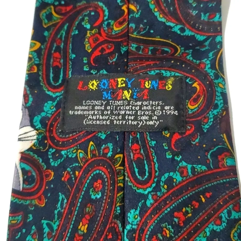 Vintage Looney Tunes Mania Paisley Daffy Roadrunner Coyote Bugs Taz 1994 Necktie